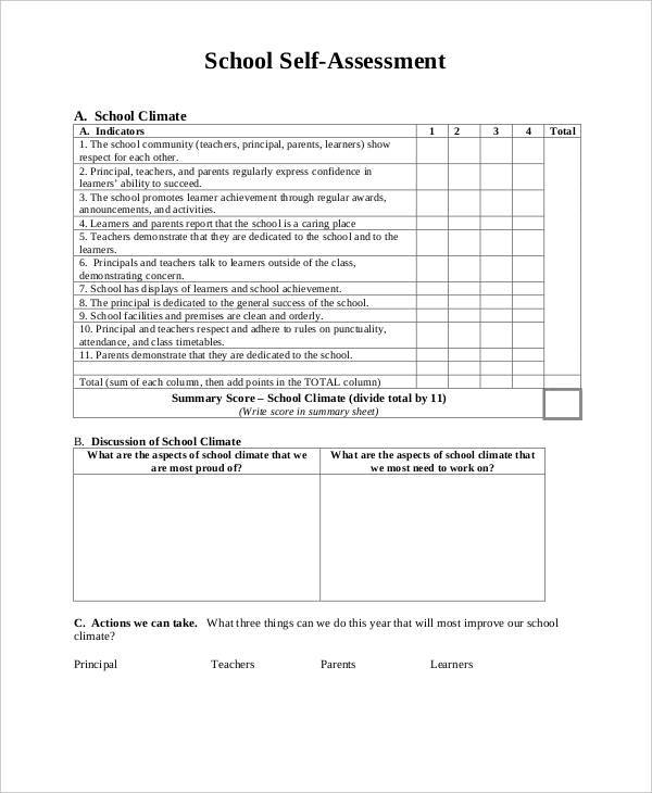 self assessment form for schools