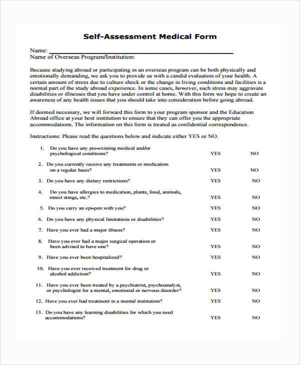 self assessment medical form