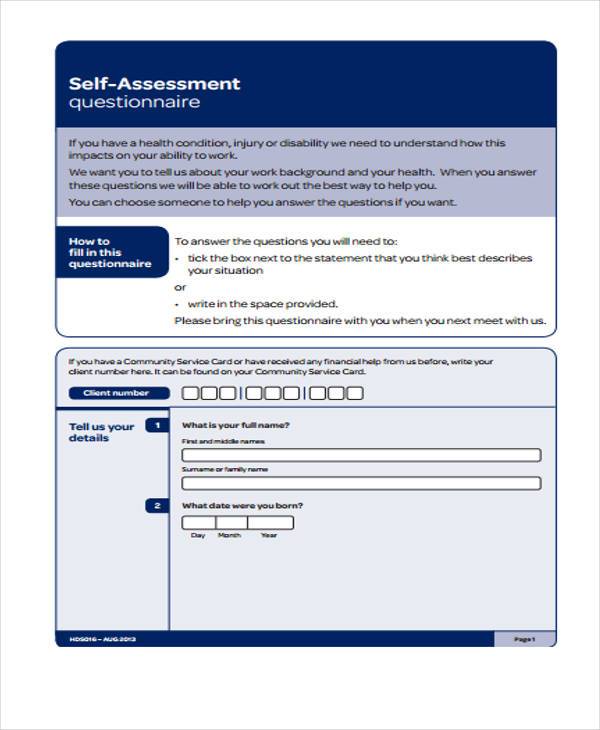 self assessment questionnaire form