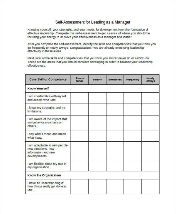 self assessment for managers