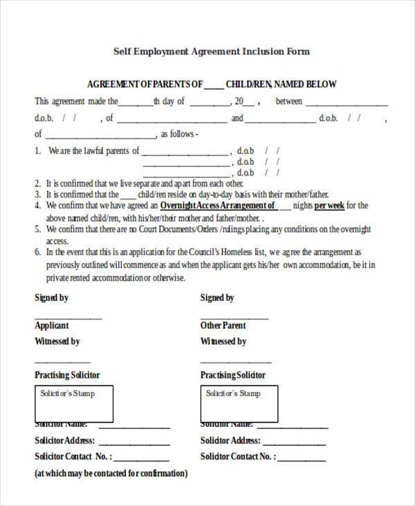 self employment agreement inclusion form