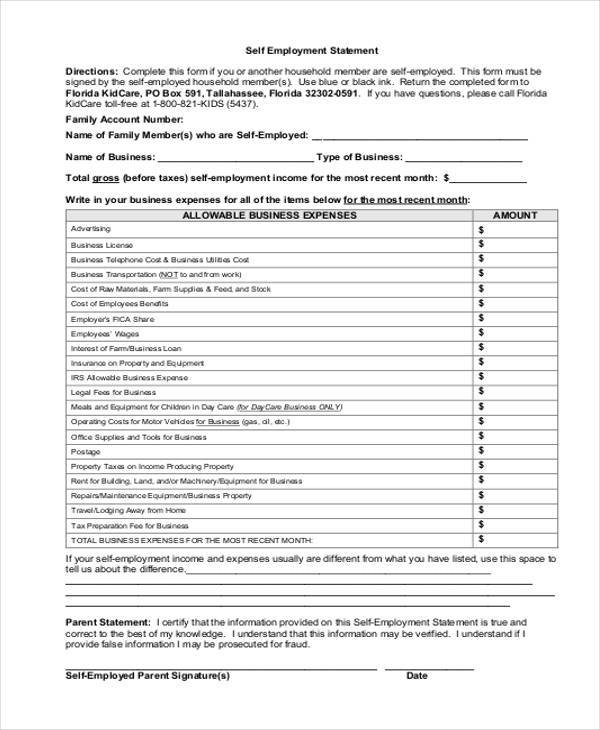 self employment statement form sample