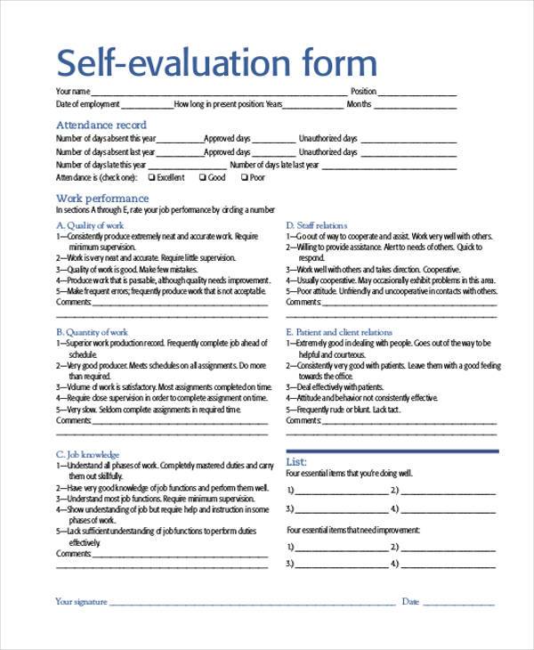 FREE 9+ Self-Evaluation Sample Form Samples in PDF | MS Word