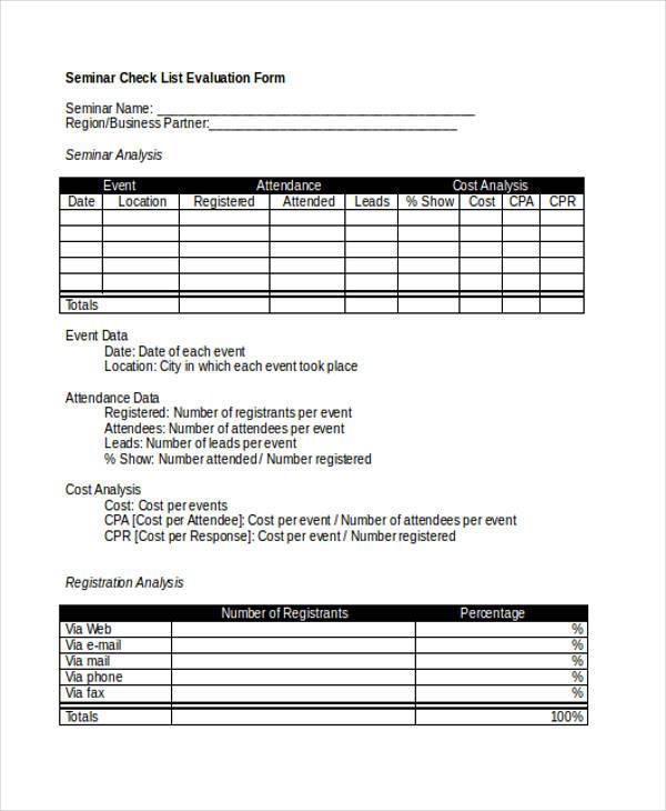 seminar check list evaluation form