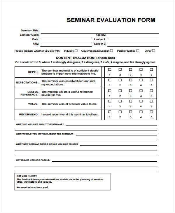 seminar evaluation form sample