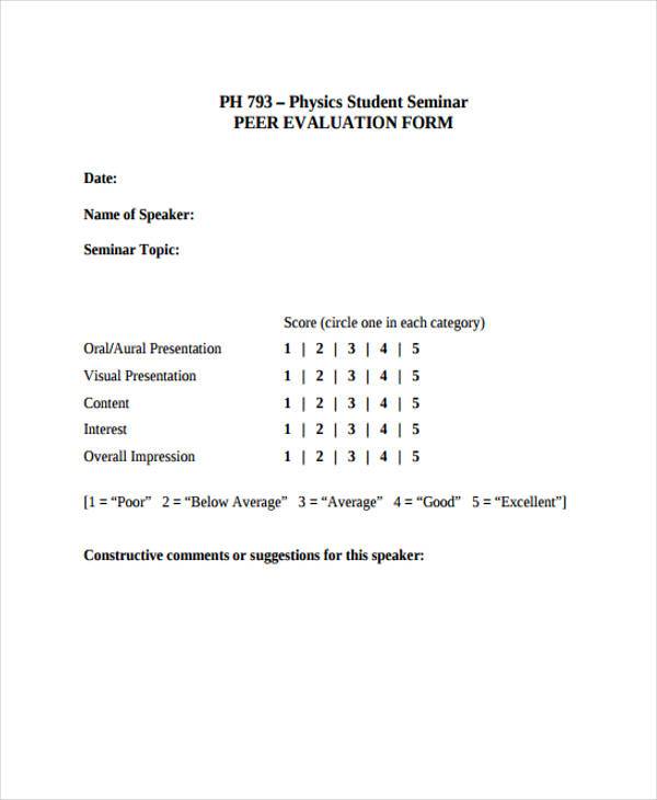 seminar peer evaluation form example
