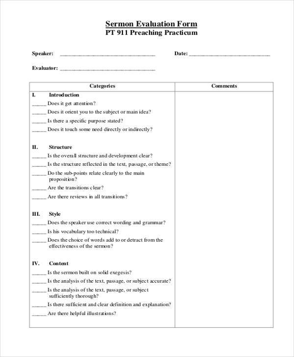 sermon evaluation form format