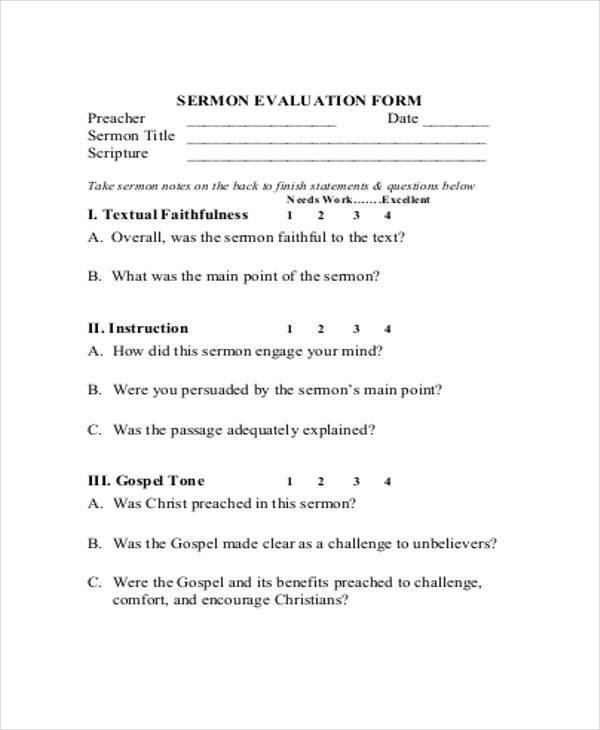 sermon evaluation form preacher example