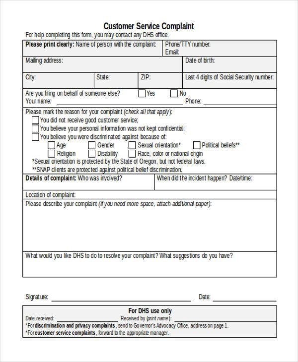 service complaint form in doc