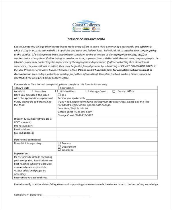 FREE 6+ Sample Service Complaint Forms in PDF MS Word