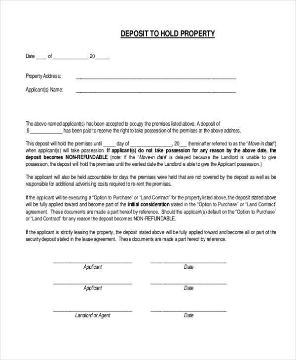 simple deposit contract form