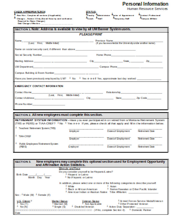 simple employee personal information form