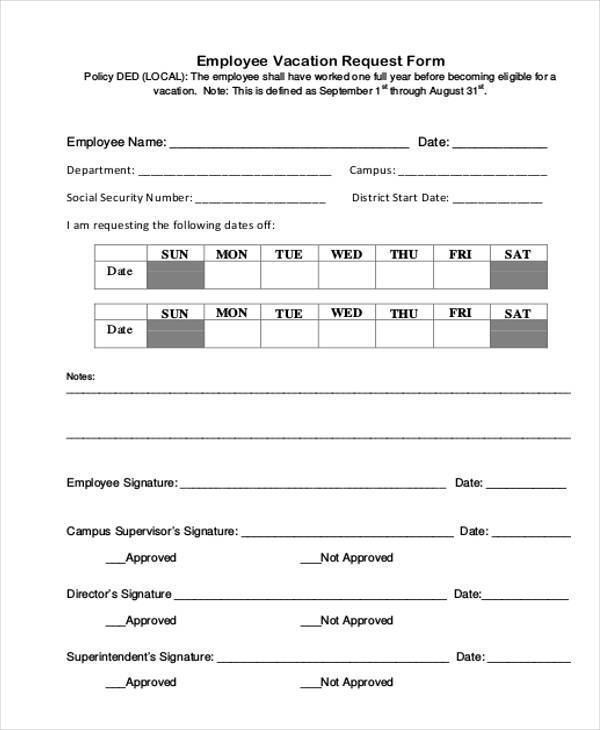 FREE 7 Sample Employee Vacation Request Forms In PDF MS Word