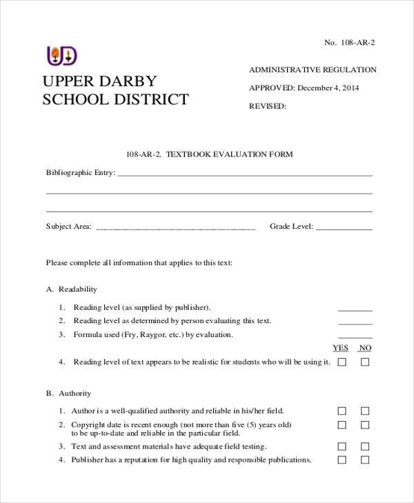 simple textbook evaluation form