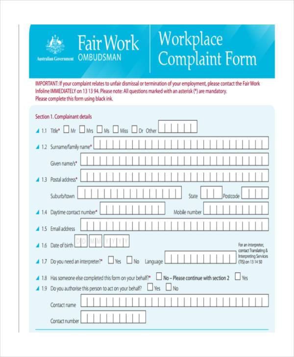simple workplace relations complaint form