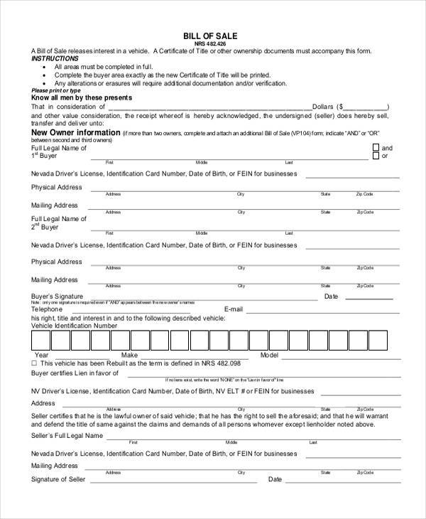 small business bill of sale form