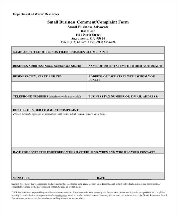 small business complaint form