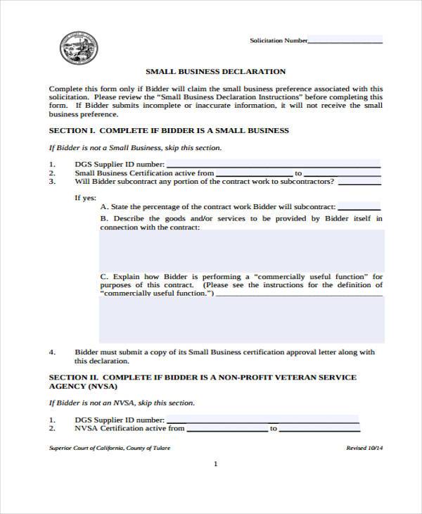 small business declaration form