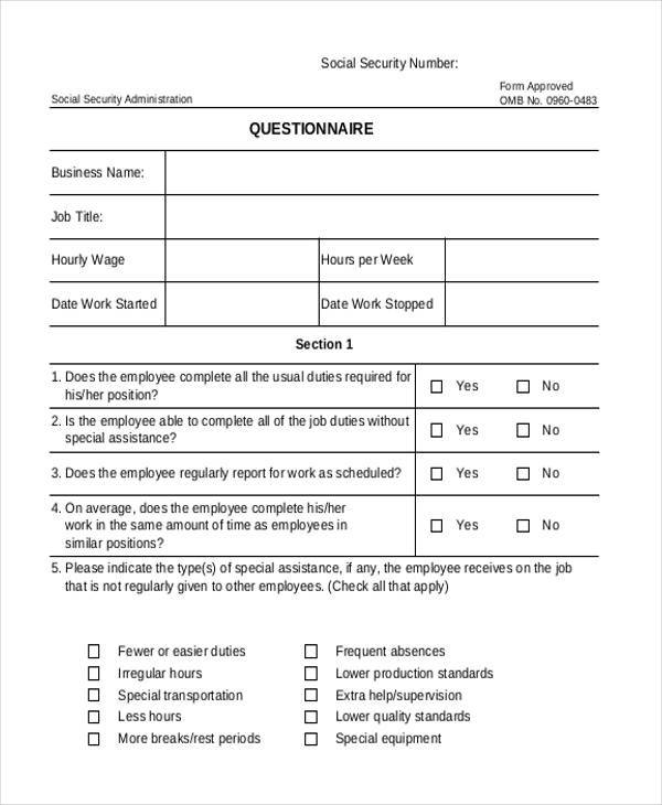 social security disability questionnaire form