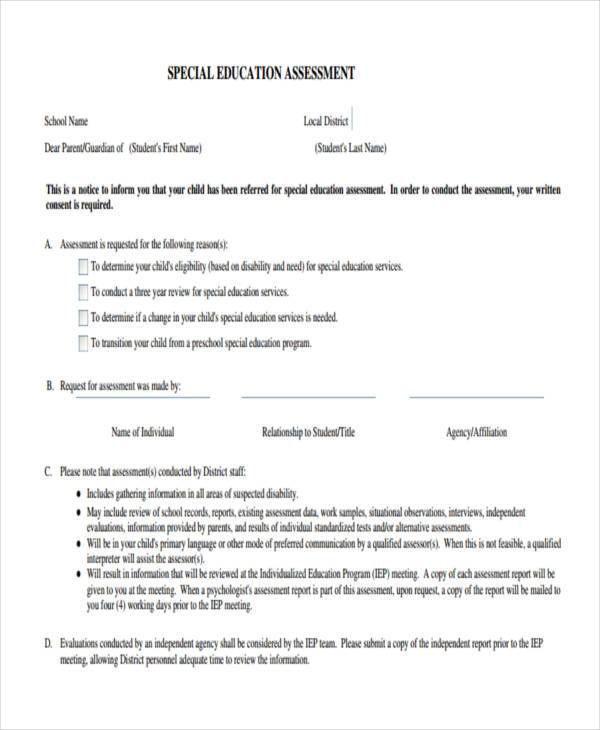 special education assessment form