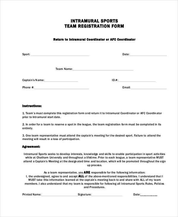 sports team registration form example
