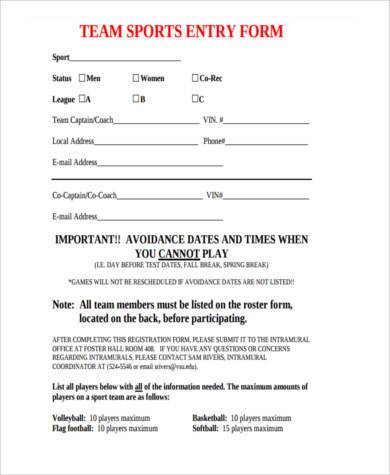sports team registration form