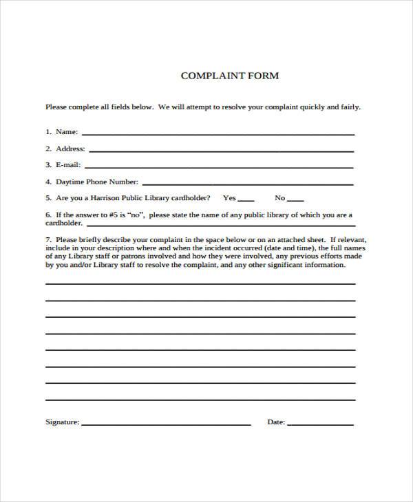 staff complaint sample form