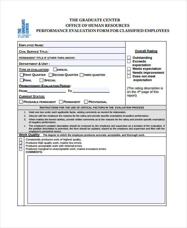 staff employee performance evaluation form example