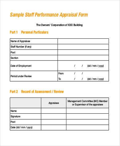 staff performance appraisal form example