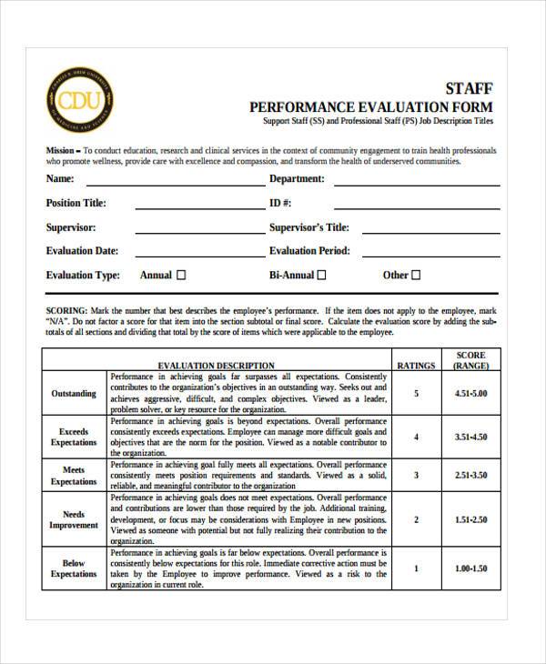 staff performance evaluation form example