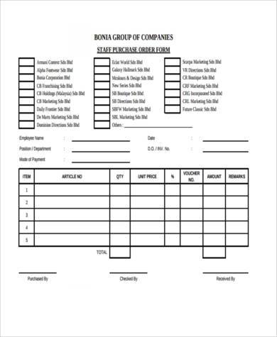 staff purchase form sample