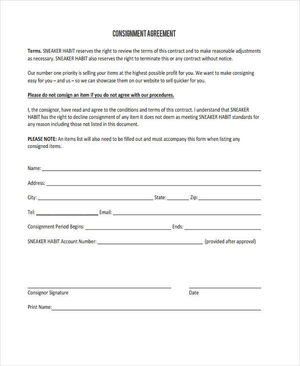 standard consignment agreement form