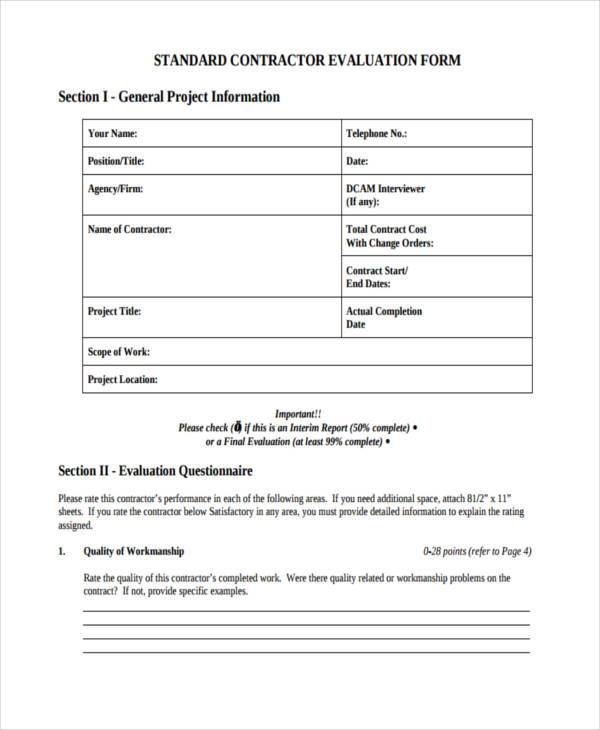 standard contractor evaluation form