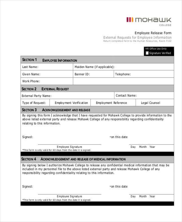 standard employee release form