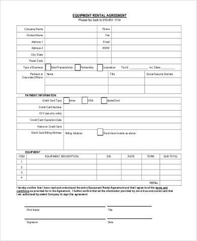 standard equipment rental agreement form