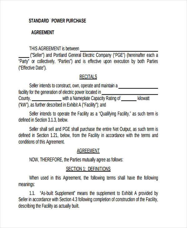 standard form power purchase agreement