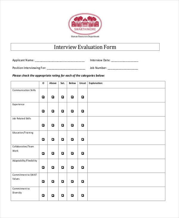 standard interview evaluation form sample