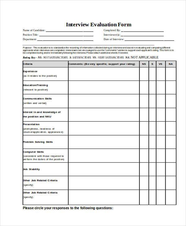 standard interview evaluation form