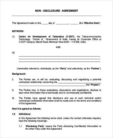 standard non disclosure agreement form