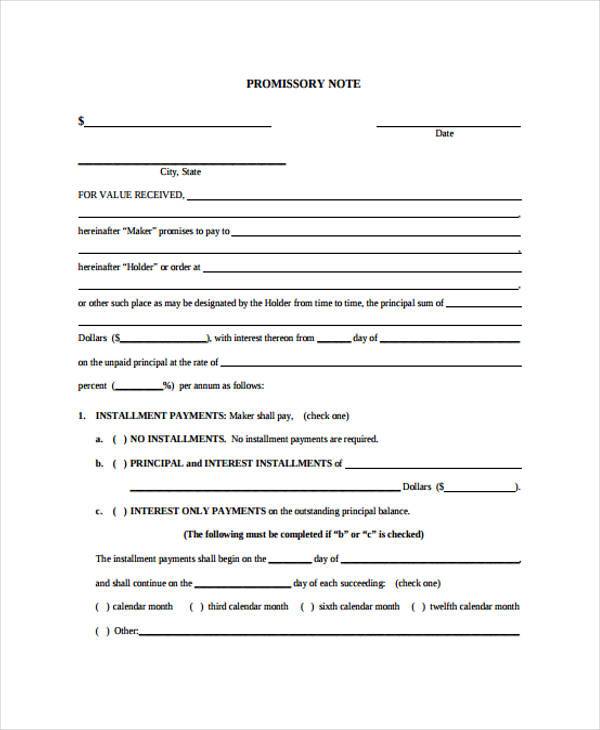 standard promissory note agreement form