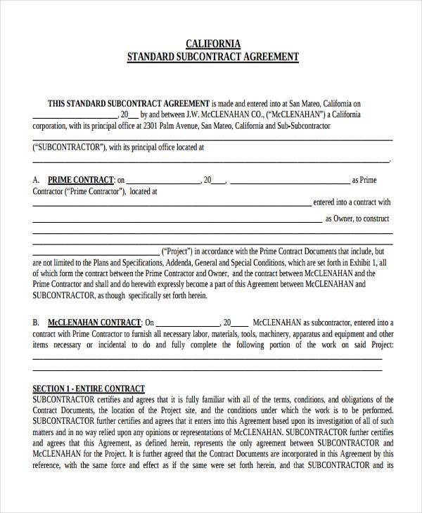standard subcontractor contract agreement form