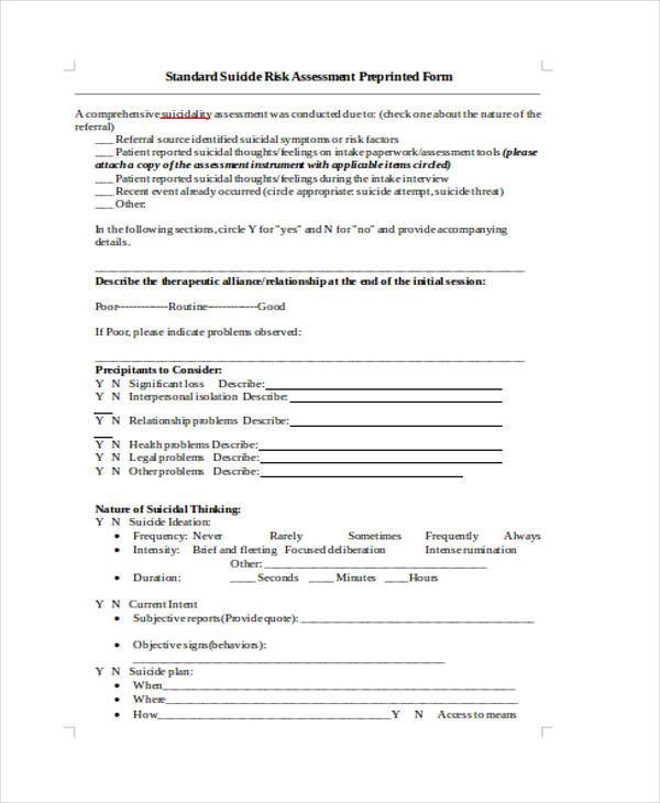 standard suicide risk assessment form