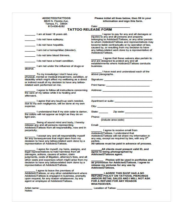 standard tattoo release form