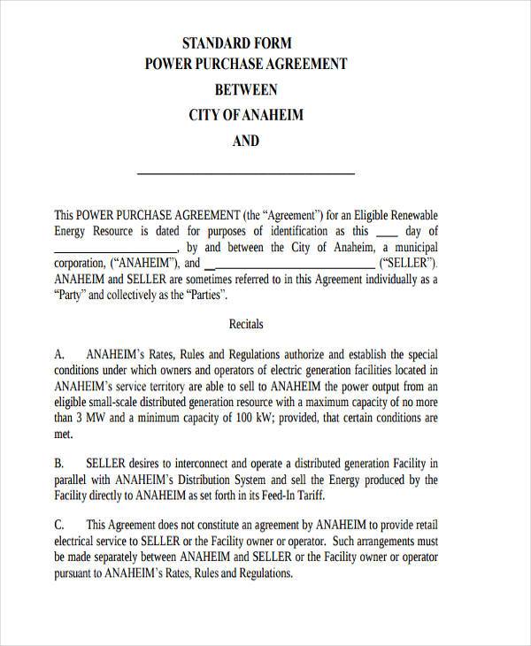 standardized power purchase agreement form