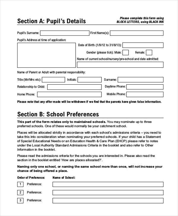 starting school application form