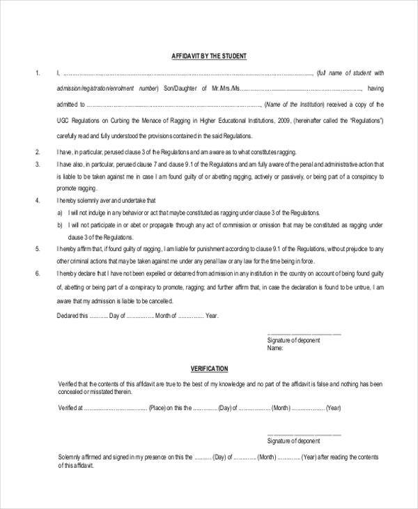 student affidavit form example