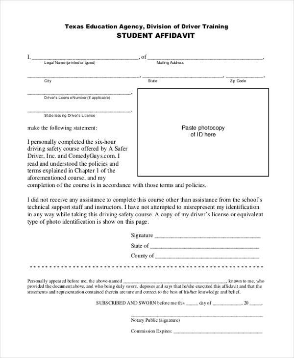 student affidavit form in pdf