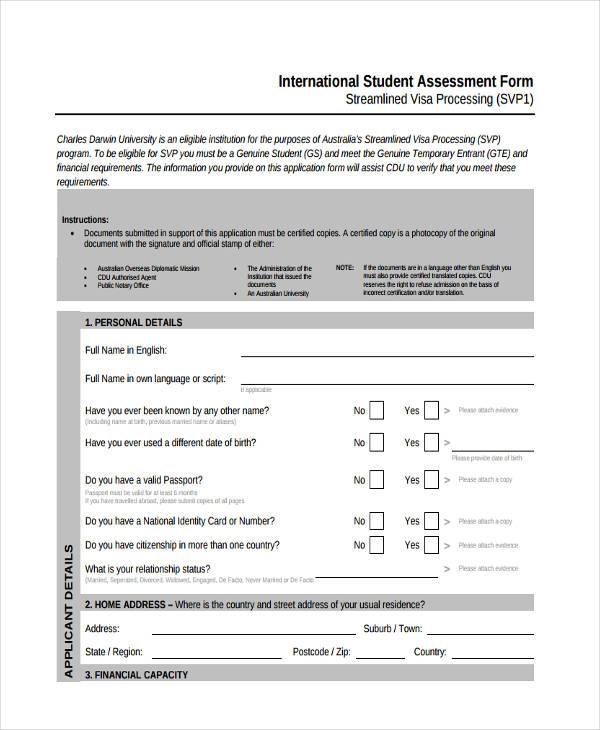 student assessment form example