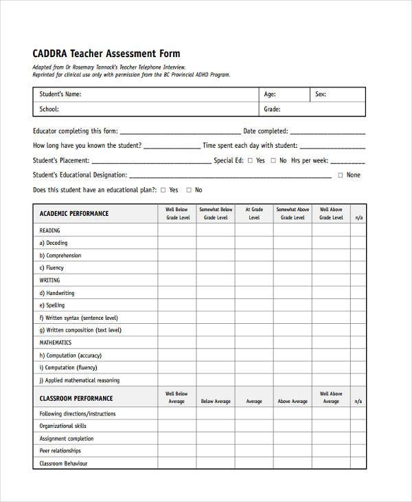 student assessment form for teachers