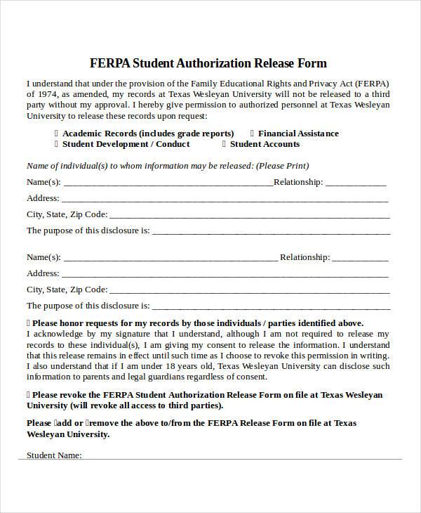student authorization release form